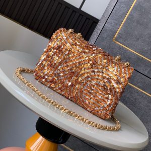 Flap Bag Mini 20cm Beige Calfskin Gold Bronze Sequin