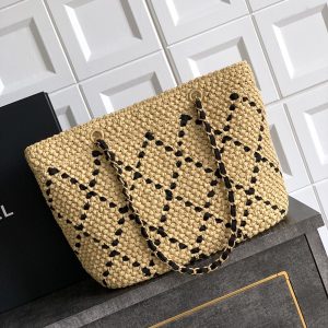 CC Braided Shopping Bag Double C logo Beige Black Raffia