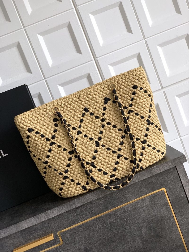 CC Braided Shopping Bag Double C logo Beige Black Raffia