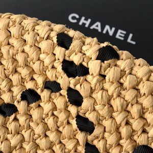CC Braided Shopping Bag Double C logo Beige Black Raffia