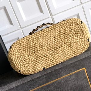 CC Logo Shopper Bag With Chain 23cm Beige Black Raffia GHW