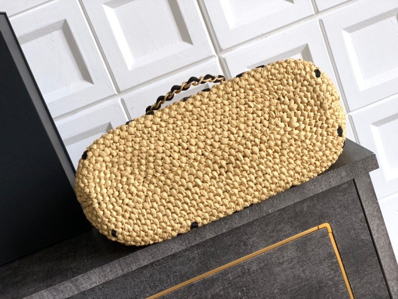 CC Logo Shopper Bag With Chain 23cm Beige Black Raffia GHW