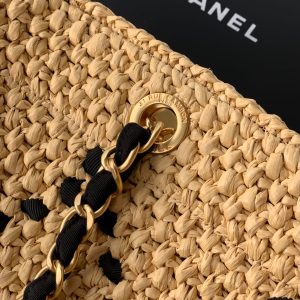 CC Logo Shopper Bag With Chain 23cm Beige Black Raffia GHW