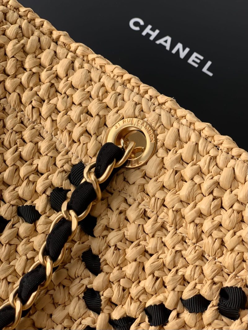 CC Braided Shopping Bag Double C logo Beige Black Raffia