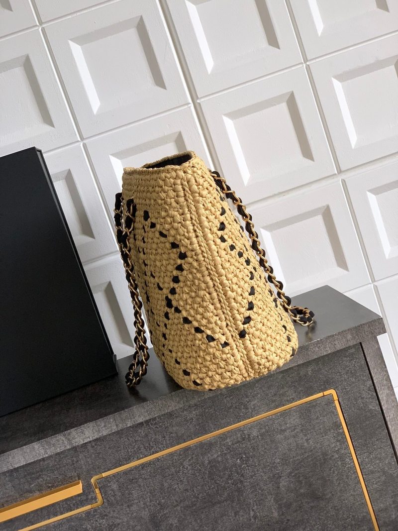 CC Logo Shopper Bag With Chain 23cm Beige Black Raffia GHW