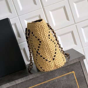 CC Braided Shopping Bag Double C logo Beige Black Raffia