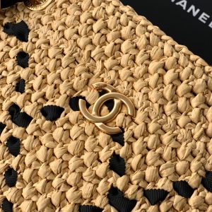 CC Logo Shopper Bag With Chain 23cm Beige Black Raffia GHW