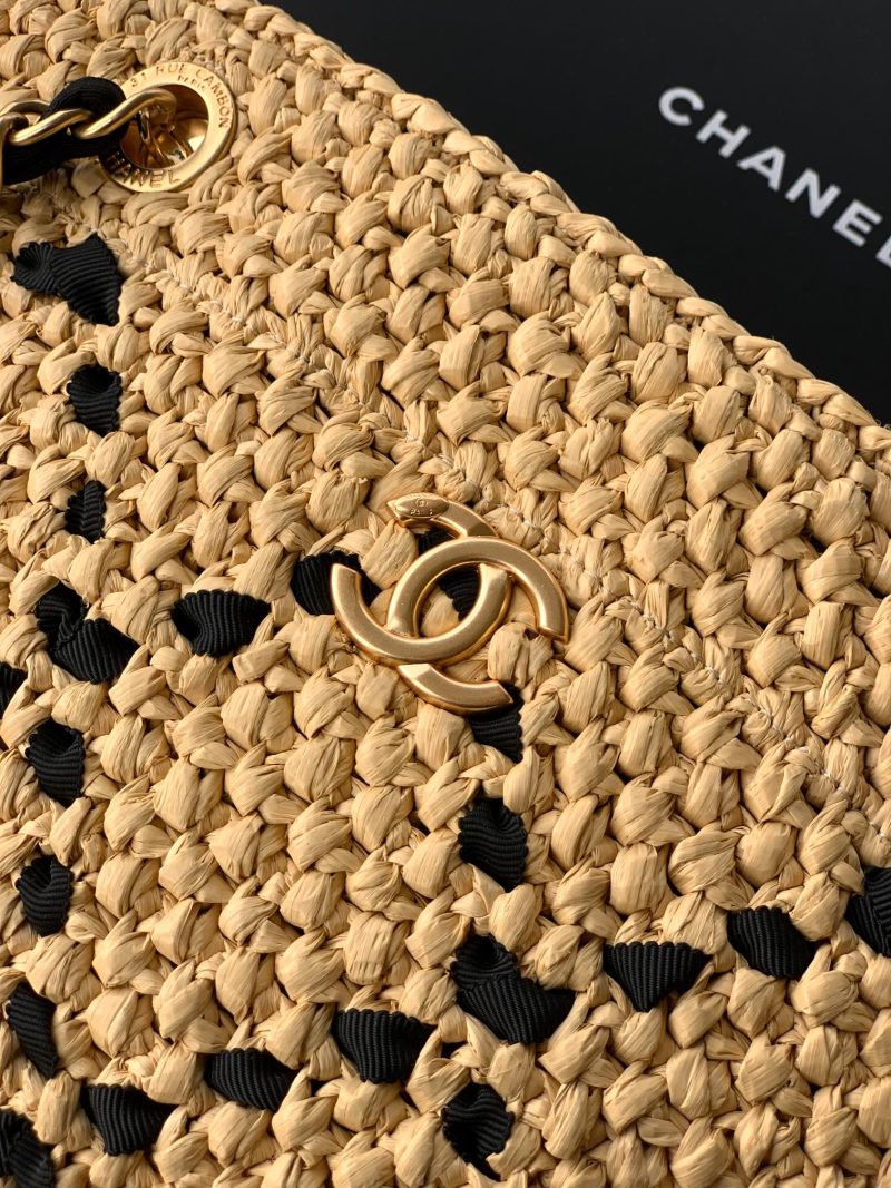 CC Braided Shopping Bag Double C logo Beige Black Raffia