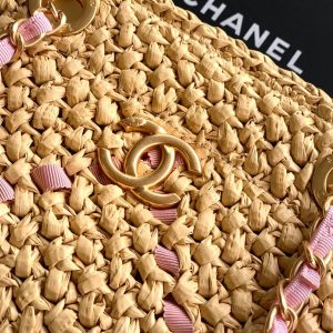 CC Logo Shopper Bag With Chain 23cm Beige Pink Raffia GHW