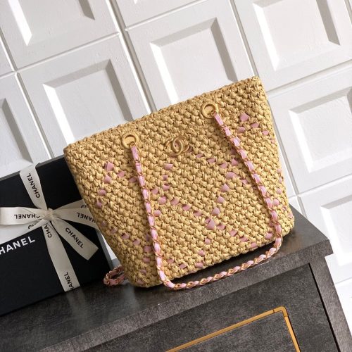 img_d8c1eba2_20250619_i1750347339924_9282_0_0.jpg_1 CC Logo Shopper Bag With Chain 23cm Beige Pink Raffia GHW