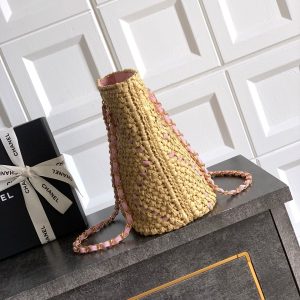 CC Logo Shopper Bag With Chain 23cm Beige Pink Raffia GHW