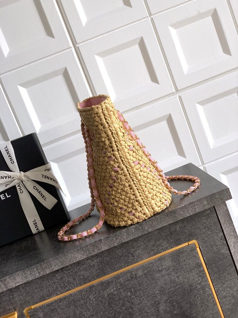 CC Logo Shopper Bag With Chain 23cm Beige Pink Raffia GHW