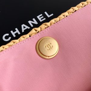 CC Logo Shopper Bag With Chain 23cm Beige Pink Raffia GHW