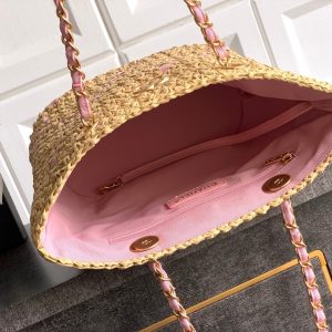 CC Logo Shopper Bag With Chain 23cm Beige Pink Raffia GHW