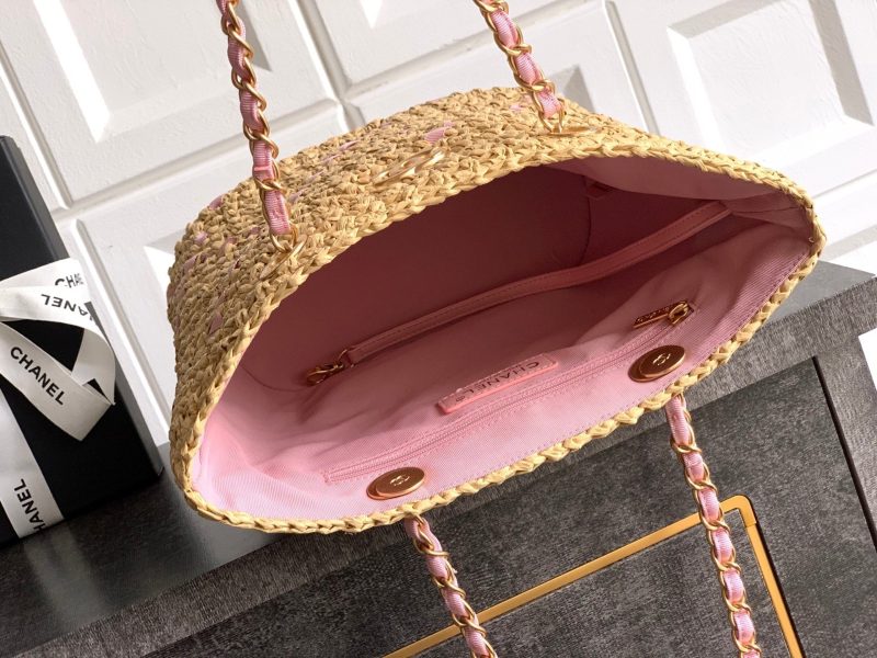 CC Logo Shopper Bag With Chain 23cm Beige Pink Raffia GHW