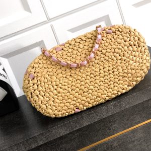 CC Logo Shopper Bag With Chain 23cm Beige Pink Raffia GHW