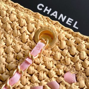 CC Logo Shopper Bag With Chain 23cm Beige Pink Raffia GHW