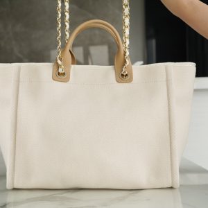 TOTE BAG 39 ATTACHED PEARL LOGO IN BEIGE CANVAS GOLD HARDWARE
