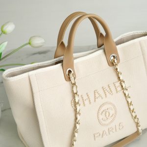 TOTE BAG 39 ATTACHED PEARL LOGO IN BEIGE CANVAS GOLD HARDWARE