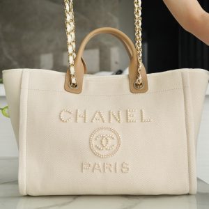 CC LARGE TOTE 39 LIGHT BEIGE CANVAS PEARL LOGO