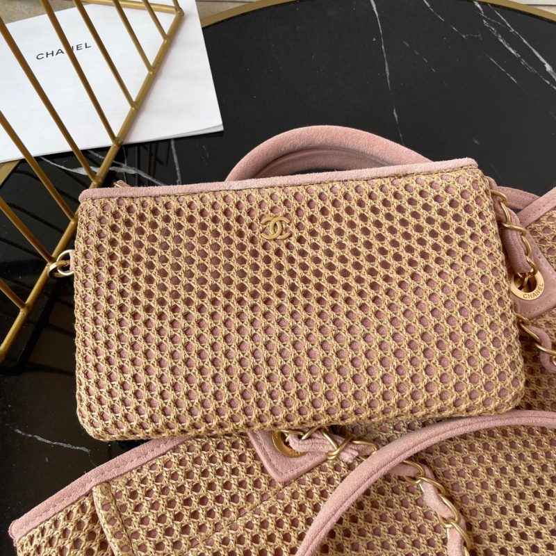 CC 25 Deauville Tote Bag 34cm Beige Pink Crochet Suede