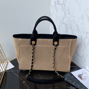 CC 25 Deauville Tote Bag 34cm Beige Black Crochet Suede
