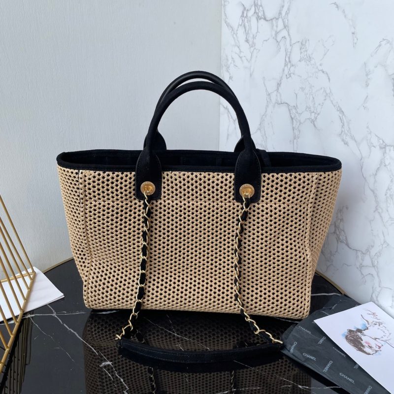 CC 25 Deauville Tote Bag 34cm Beige Black Crochet Suede