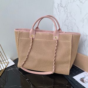 CC 25 Deauville Tote Bag 38cm Beige Pink Crochet Suede