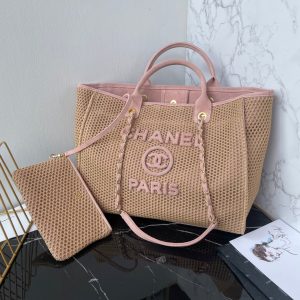 CC 25 Deauville Tote Bag 38cm Beige Pink Crochet Suede