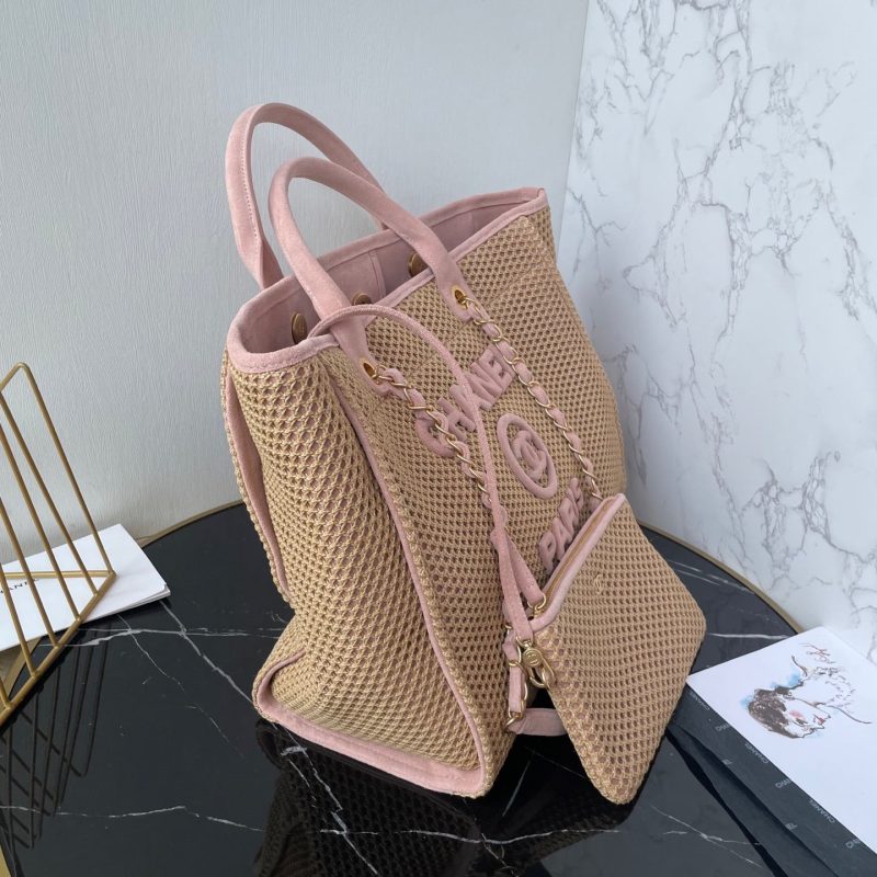 CC 25 Deauville Tote Bag 38cm Beige Pink Crochet Suede