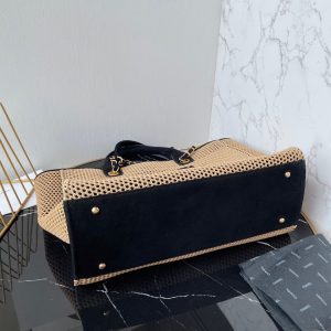 CC 25 Deauville Tote Bag 38cm Beige Black Crochet Suede