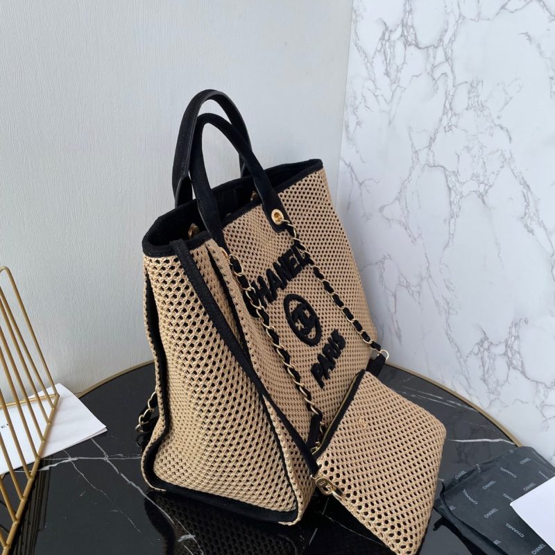 CC 25 Deauville Tote Bag 38cm Beige Black Crochet Suede