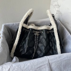 CC 25C Hobo Bag 30cm Black White Lambskin Silver Hardware
