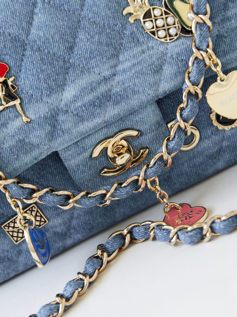 CC 24K Flap Bag 20cm Multi Charm Blue Denim Gold Hardware
