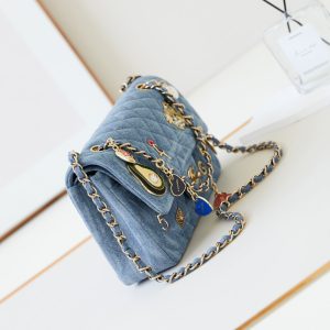 CC 24K Flap Bag 20cm Multi Charm Blue Denim Gold Hardware