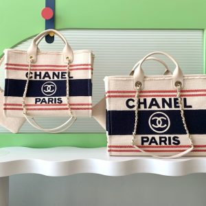 img_ecb71349_20250112_i1736659503920_9956_0_0_jpg CC 25C ToTe Bag Beige Navy Blue Canvas Fabric 238518