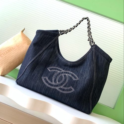 Chanel 25 Tote Bag Navy Blue 48cm Denim Leather 289494