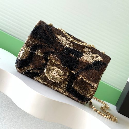 CC 2025 Flap Bag Brown Gold Sequin 298199