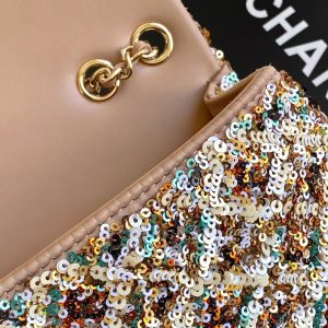 Chanel 2025 Flap Bag 21cm Beige mix Colors Sequin Leather 320284