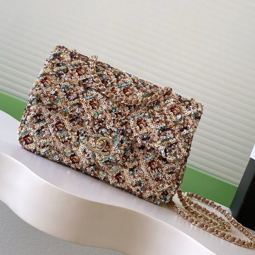Chanel 2025 Flap Bag 21cm Beige mix Colors Sequin Leather 320284