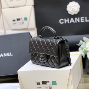 25C Mini Flap Bag Top Handle 20cm Black Lambskin Black Hardware