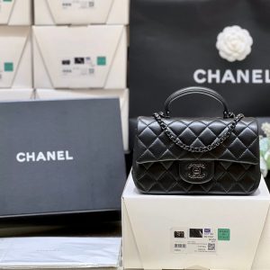 25C Mini Flap Bag Top Handle 20cm Black Lambskin Black Hardware
