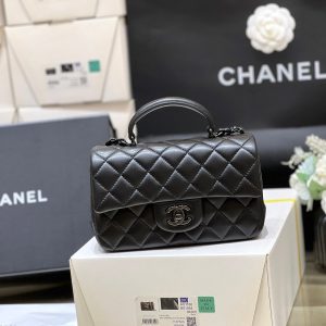 25C Mini Flap Bag Top Handle 20cm Black Lambskin Black Hardware
