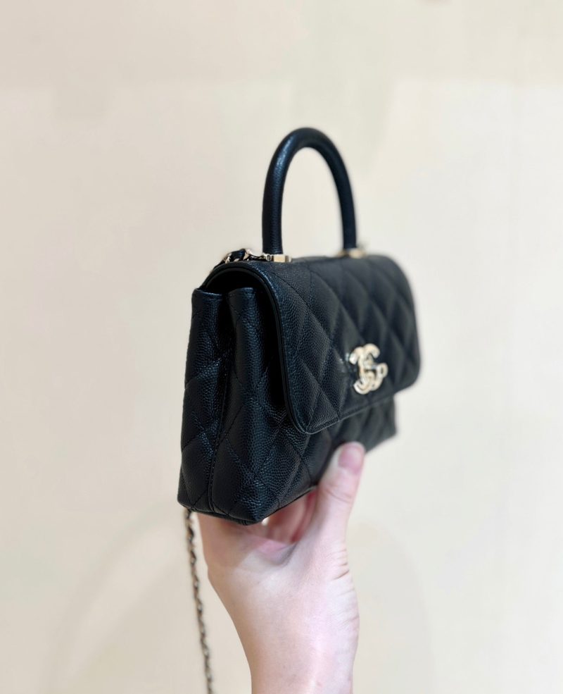CC 24K Coco Hanle Nano 18cm Black Grained Calfskin Gold Hardware