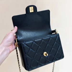 Chanel 24K Handle Flap Bag Black Calfskin Leather