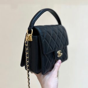Chanel 24K Handle Flap Bag Black Calfskin Leather