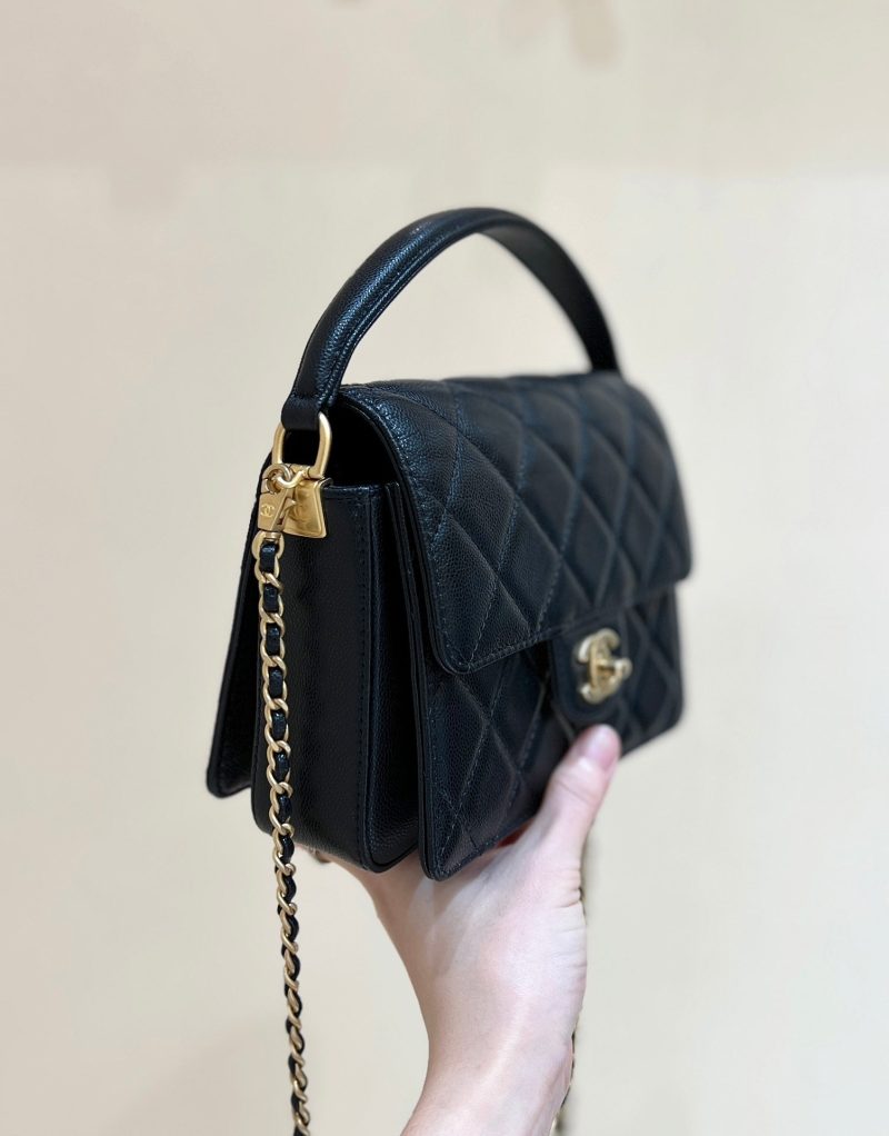 Chanel 24K Handle Flap Bag Black Calfskin Leather