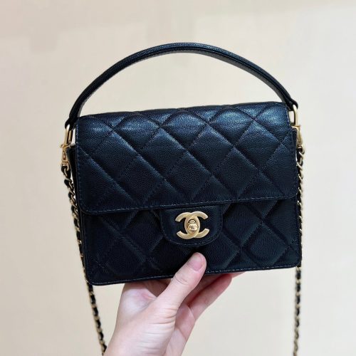 Chanel 24K Handle Flap Bag Black Calfskin Leather
