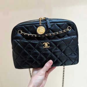 CC 24K Gold Coin Camera Bag 24cm Black Lambskin Light GHW