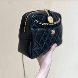 CC 24K Gold Coin Camera Bag 24cm Black Lambskin Light GHW